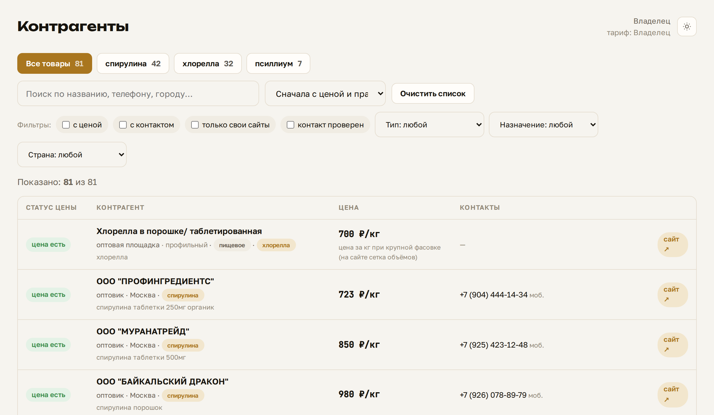 Список найденных контрагентов с ценами и контактами